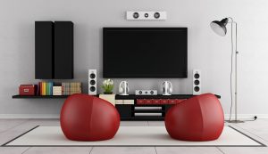 Modern TV wall unit in a living room with surround sound