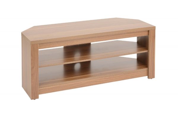 walnut coloured tv stand with 2 shelves open at the front