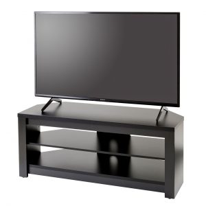tv stand in black with a tv sitting on the top of it