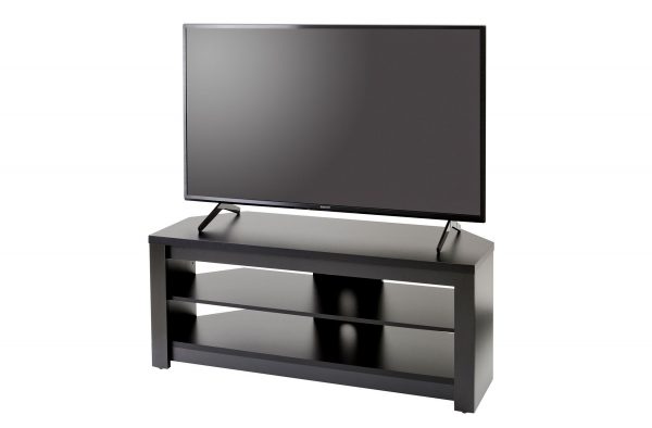 tv stand in black with a tv sitting on the top of it