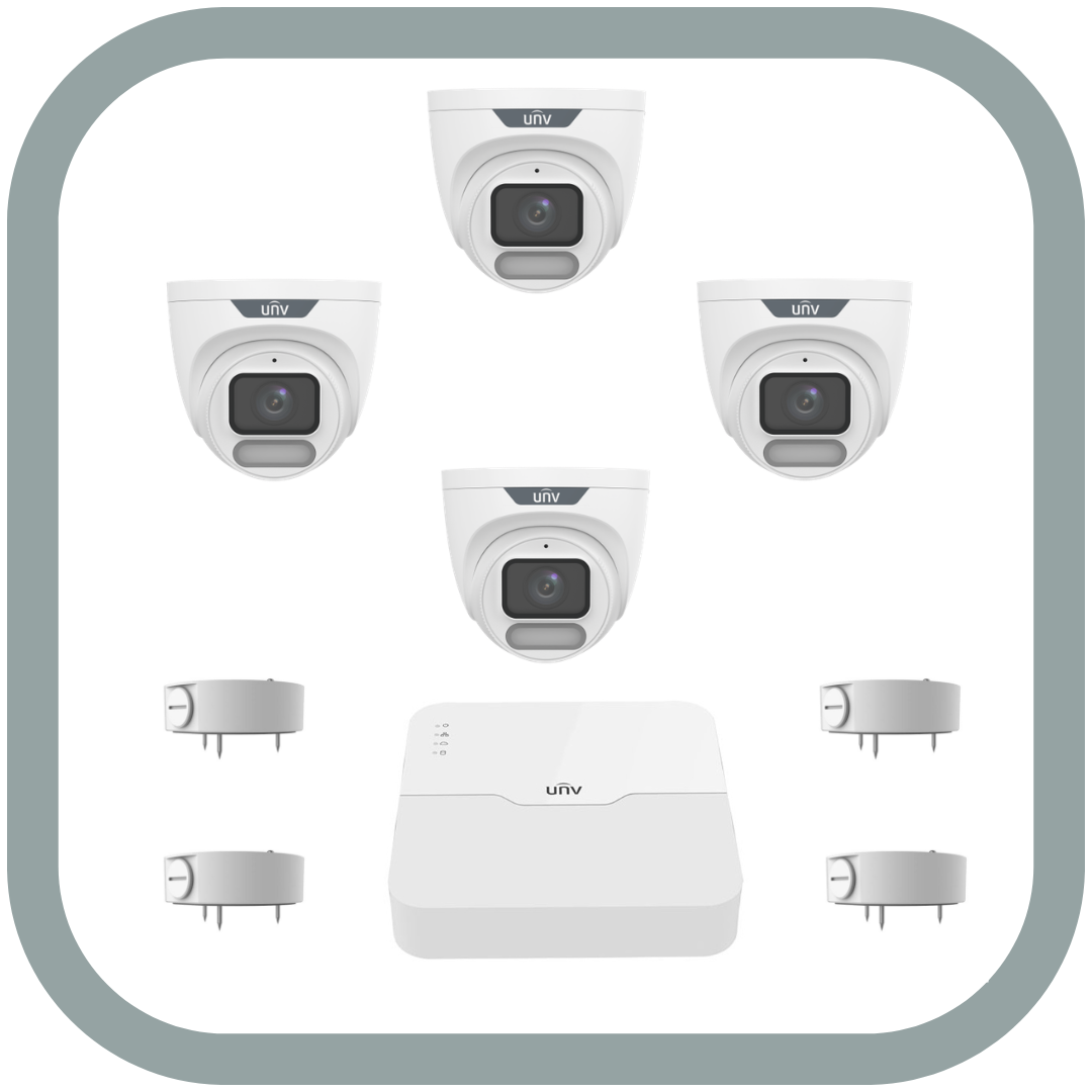Uniview 8MP 4 camera CCTV system NVR with 2TB or 4TB HDD Full colour, Turret Cam 2.8mm